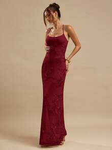 SHEIN BAE 纯黄色提花露背系带修身连衣裙，优雅大方，适合早午餐、婚礼宾客、鸡尾酒会、海滩度假等场合。 - 酒紅色 - 查看 6