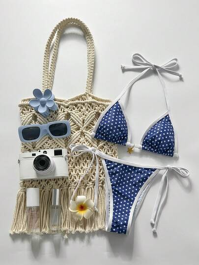 Swim Mod Bộ bikini nữ gồm dây chuyền in họa tiết ngẫu nhiên, trang sức kim loại, thích hợp cho mùa xuân/hè.