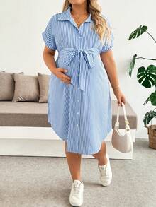 Plussiva Plus Size Maternity Striped Single-Breasted Tie-Waist Short Sleeve Casual Dress Beachwear Summer - Blue and White - View 3
