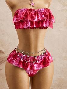 Bellisia 女士度假沙滩扎染印花荷叶边泳衣套装 - 中紫紅色 - 查看 4