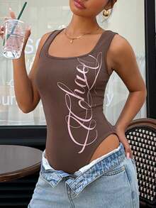 Muchica Brown Letter Print Women's Crew Neck Sleeveless Bodysuit,,Summer Outfit For Women,Going Out - Brown - View 5