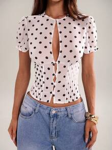 SHEIN BAE 女士波点图案短款花瓣袖单排扣衬衫 - 白色 - 查看 6
