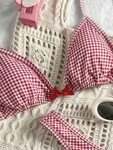 Swim Mod 女士夏季随机红色格子细肩带可爱蝴蝶结比基尼两件套 - 彩色 - 查看 6