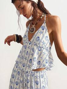 Bohemela Casual Vacation Woven Printed Halter Backless Top & Loose Wide-Leg Pants 2 Pieces Set For Women - Blue - View 10