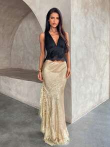Aloruh Women's Summer Fashion Contrast Lace Fishtail Hem Skirt - Gold - View 3