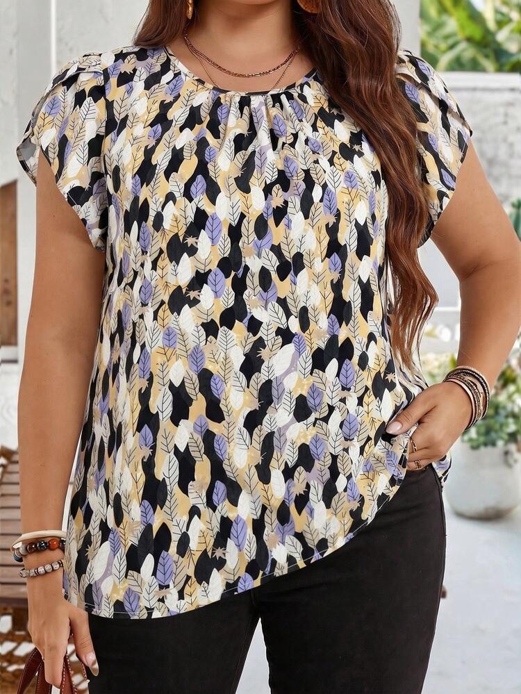 Plus Size Women's Early Spring Blue Petal Sleeve Tunic Blouse For Summer Mother's Day