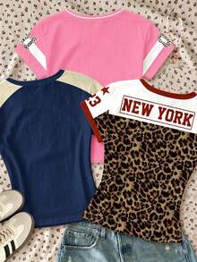 三件套撞色拼接，Blokecore风格，90年代复古街头运动衫款式，豹纹印花，数字字母图案，修身版型，压缩面料，Blokette，少女休闲简约短款修身圆领短袖高腰常规T恤，适合春夏日常穿着，POV，新款 - 白色 - 查看 5