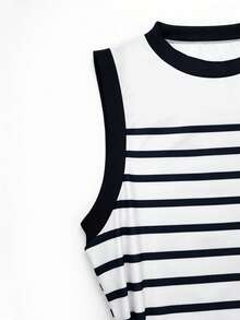 Everyssa 女士新款条纹印花圆领修身无袖连衣裙，春夏款 - 黑與白 - 查看 4