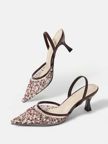 CUCCOO HITCHD Sandal Hak Tinggi Wanita Motif Bunga Elegan untuk Pesta Natal - Burgundy - View 12