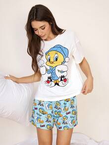 LOONEY TUNES X SHEIN Women's Round Neck Short Sleeve T-Shirt And Casual Shorts Pajama Set - - White - View 6