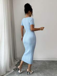 Summer Large U-Neck Short Sleeve Bodycon Maxi Sweater Dress, Sexy Cute Party Blue Dress,Holiday - Baby Blue - View 2