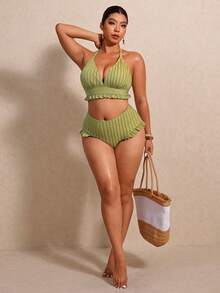 Elaquor Conjunto de bikini de talla grande con volantes, unicolor, con abertura lateral - Verde - Ver 4