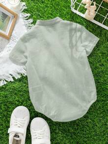 SHEIN 男女宝宝休闲日常穿着立领按扣连体衣，适合春夏室内/室外穿着 - 薄荷綠 - 查看 2
