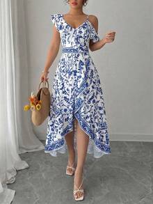 Selianne Women's Asymmetric Ruffle Hem Floral Print Vacation Dress - Multicolor - View 6