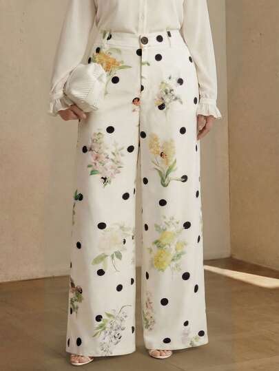 Anewsta 大码女式时尚波点碎花印花修身高品质西裤，适合外出、派对、正式场合穿着。