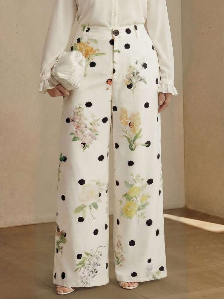 Plus Size Women's Fashionable Polka Dot & Floral Print Slimming High-Quality Dress Pants, Suitable For Going Out, Party, Formal Occasions