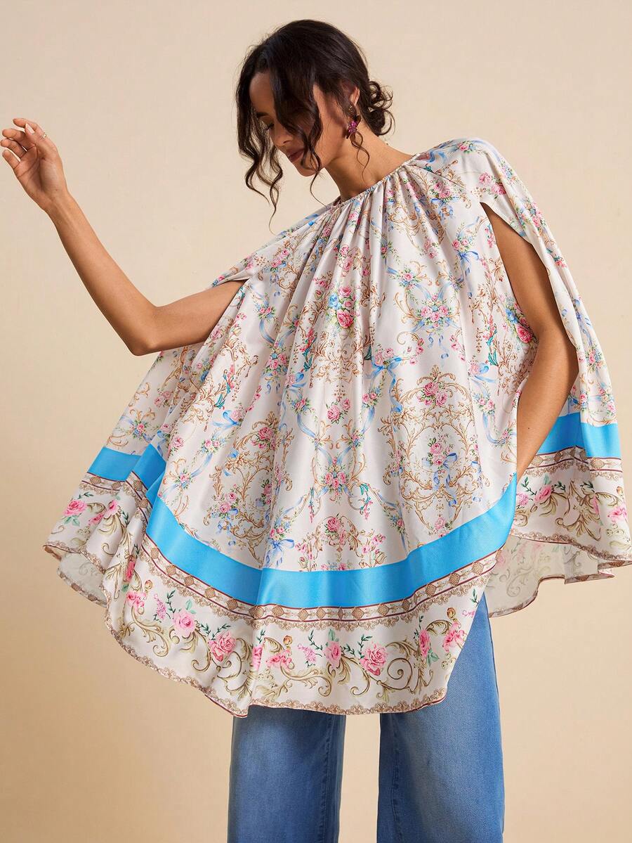 LOTSLUV 女士春夏度假粉色巴洛克印花圆领宽松蝙蝠袖衬衫 - 粉色 - 查看 1