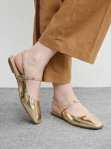 CUCCOO BIZCHIC Women Shoes Small Square Toe Flat Bottom Gold Mirror Women's Low Vamp Flat Bottom Slingback Shoes Light, Comfortable And Simple Commuting Daily Versatile Women's Flat Sole Shoes - Iron plate light gold - View 9