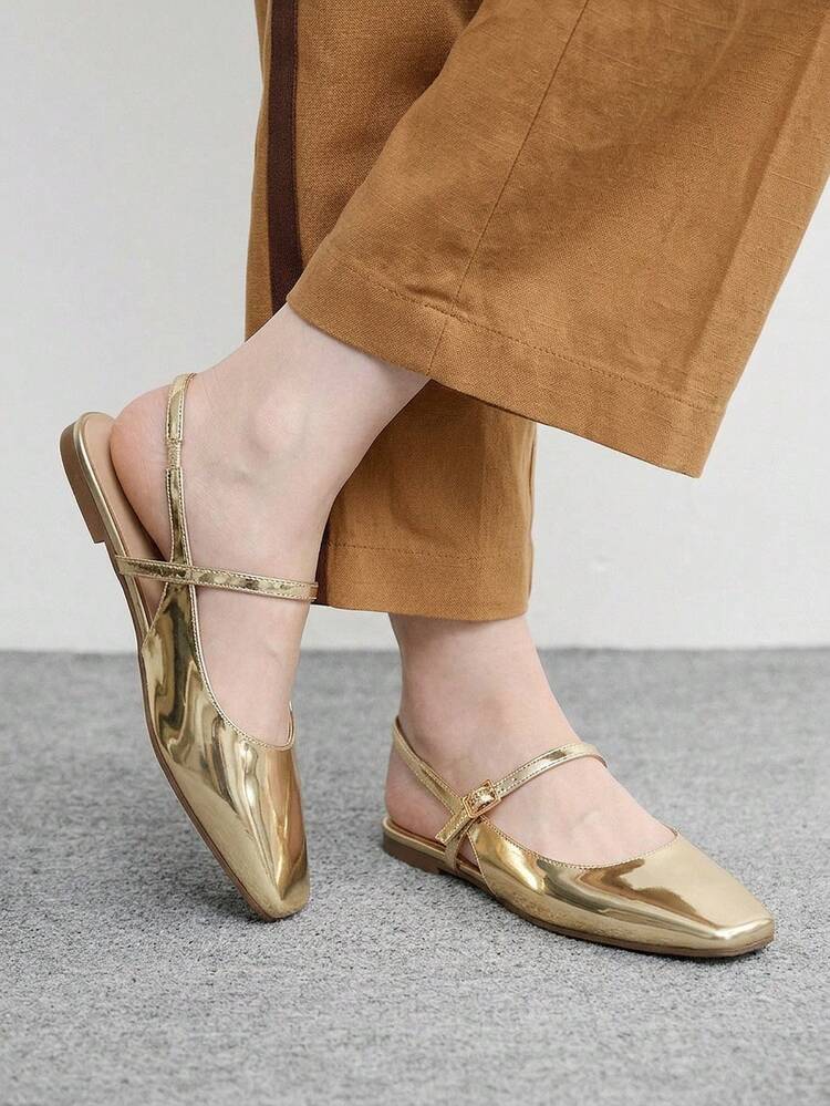 CUCCOO BIZCHIC Women Shoes Small Square Toe Flat Bottom Gold Mirror Women's Low Vamp Flat Bottom Slingback Shoes Light, Comfortable And Simple Commuting Daily Versatile Women's Flat Sole Shoes