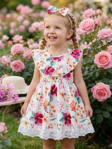 SHEIN Vintaside Kids 女嬰白色花卉蕾絲飾邊洋裝，可愛夏季度假熱帶海灘休閒荷葉袖派對復活節穿搭 - 白色 - 查看 2