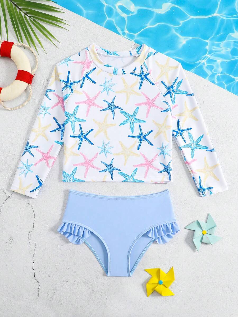 SHEIN 女童吊带泳衣，可爱浅蓝色针织面料，海星印花长袖吊带泳衣，时尚休闲优雅，适合游泳、夏季度假、海滩、泳池、节日派对 - 藍色 - 查看 1