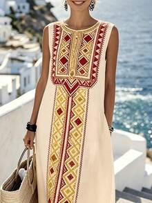 EMERY ROSE Plus-Size Women's Brown Summer Boho Vacation Holiday Dress,Fashionable Casual Minimalist Versatile Checked Round-Neck Sleeveless Maxi Dress Gym - Apricot - View 4