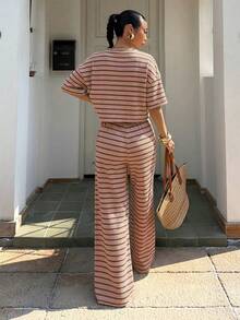 Muchica Women's Summer New Textured Dusty Pink Stripe Loose Short Sleeve T-Shirt And Pants Set, Casual Vacation Outfits 2 Pieces Set Loungewear Brunch Travel - Pink - View 2