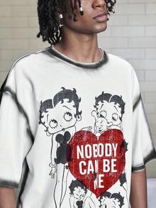 Betty Boop | ROMWE Áo thun nam tay ngắn cổ tròn vai rớt vai in hình chân dung, phong cách thường ngày, thích hợp cho mùa hè. - trắng - Xem 2
