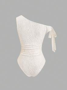 Qadelle Mono con cuello asimétrico, cintura con lazo y pliegues en textura de encaje elegante y romántico para mujeres - Albaricoque - Ver 2