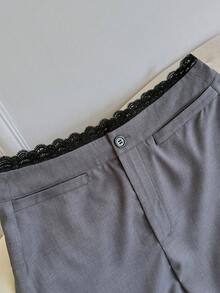 GlowEve 女士休闲宽松直筒西装裤，灰色高腰修身撞色蕾丝边长裤 - 灰色 - 查看 5
