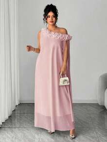 SHEIN Elenzya 优雅女士荷叶边设计3D立体花卉单袖连衣裙 - 粉色 - 查看 3