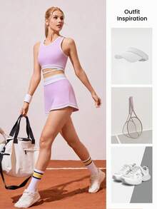 CourtClass CourtClass Conjunto de tenis para mujer, conjunto rosa, traje deportivo de cintura alta estilizante, 2 piezas de ropa deportiva casual y falda de fitness - Rosa - Ver 4