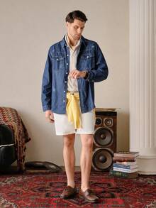 VeloEdit Áo sơ mi denim dài tay nam Cargo Utility, kiểu dáng thường ngày, màu denim bạc màu, phong cách mùa thu cổ điển. - Rửa tối - Xem 3