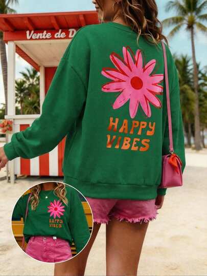 SHEIN EZwear 女士卫衣，休闲街头风印花夏季卫衣，可爱夏季卫衣，女士假日卫衣，碎花图案卫衣，女士夏季卫衣，女士春季卫衣，复古卫衣，女士夏季卫衣，女士卫衣，复古卫衣，女士活力卫衣，印花卫衣，绿色碎花印花卫衣