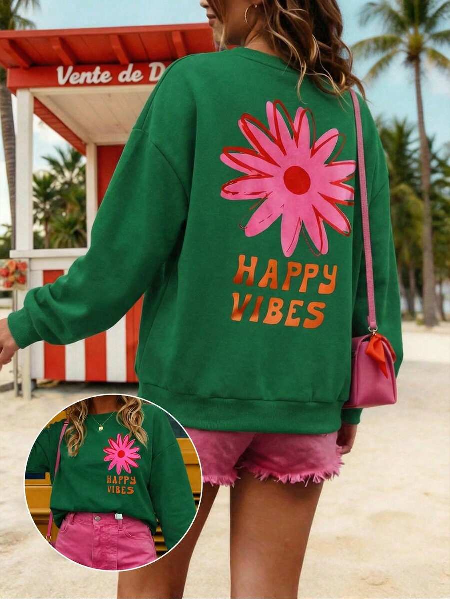 SHEIN EZwear 女士卫衣,休闲街头风印花夏季卫衣,可爱夏季卫衣,女士假日卫衣,碎花图案卫衣,女士夏季卫衣,女士春季卫衣,复古卫衣,女士夏季卫衣,女士卫衣,复古卫衣,女士活力卫衣,印花卫衣,绿色碎花印花卫衣 - 彩色 - 查看 1