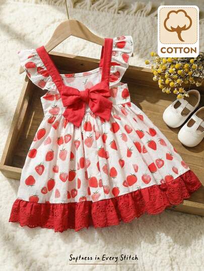 Cozy Pixies 女婴草莓图案撞色蝴蝶结装饰方领短袖收腰连衣裙