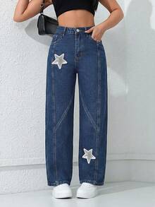 SHEIN PETITE Women's Beaded Five-Pointed Star Patch Dark Blue Wide-Leg Jeans - Dark Wash - View 1