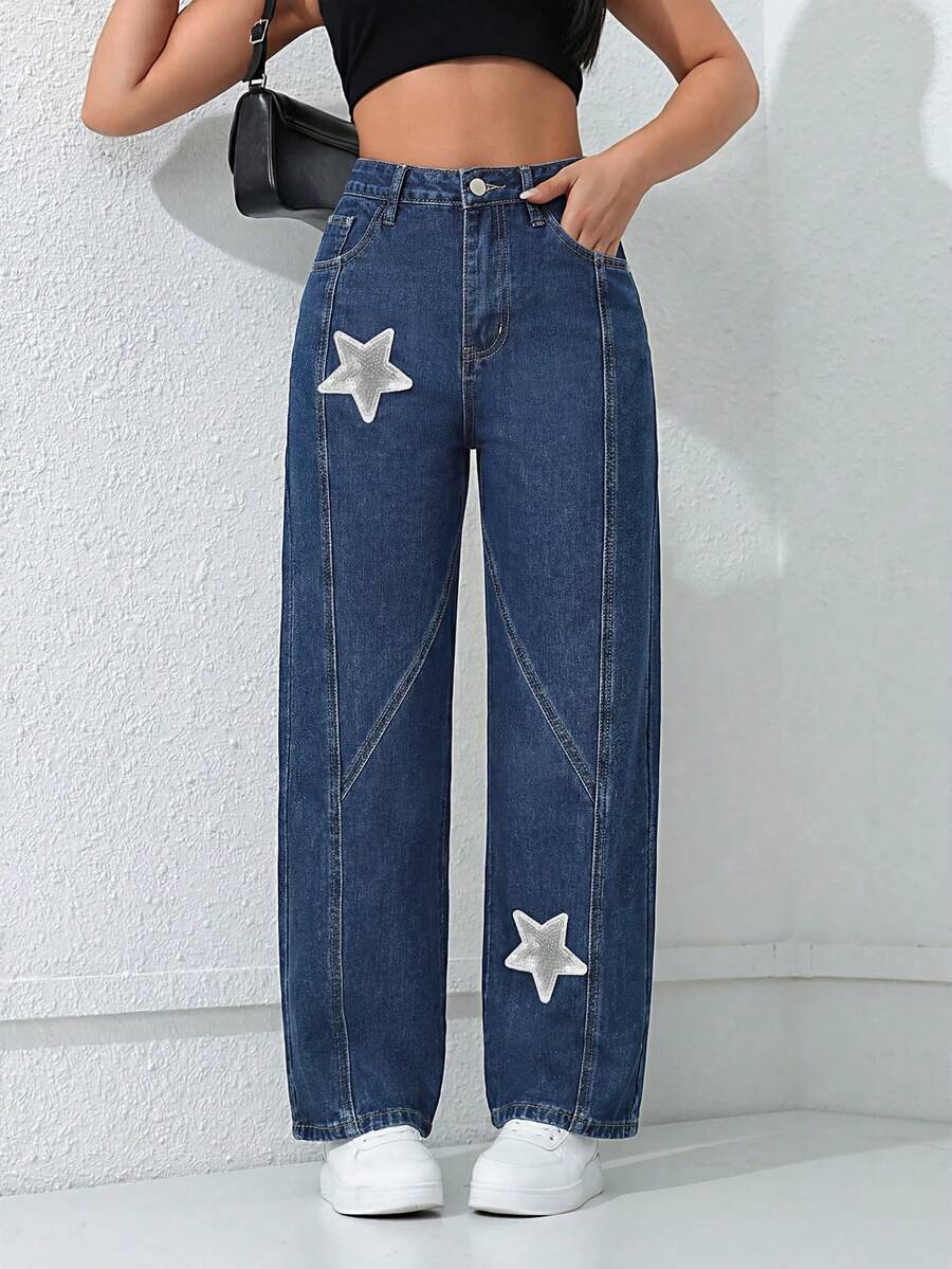 SHEIN PETITE Women's Beaded Five-Pointed Star Patch Dark Blue Wide-Leg Jeans - Dark Wash - View 1