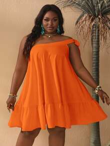 Slaydiva Plus Size Women Casual Vacation One Shoulder Ruffle Hem Dress - Orange - View 4