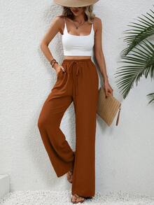 SHEIN Tall Women's Khaki Casual Vacation Style Elastic Waist Drawstring Straight Leg Pants - Brown - View 6