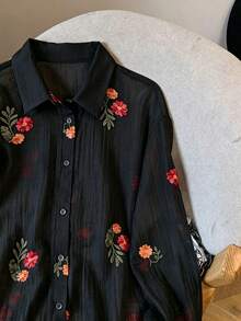 Franclia Women's Floral Embroidered Long Sleeve Shirt And Shorts Casual 2 Pieces Set - Black - View 6
