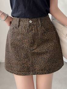 FRIFUL Minifalda vaquera de estampado de leopardo casual para mujer, verano - Azul - Ver 4