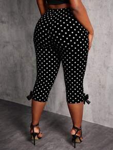 SHEIN SXY 大码女式休闲复古波点印花蝴蝶结装饰七分裤，适合日常通勤 - 黑色 - 查看 2