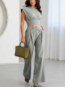 Regularly Sized Women Two-Piece Set: Short Sleeve Top And Long Sweatpants, Simple And Fashionable For Summer - Grey - View 4