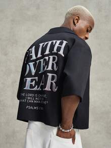 PAVTROS Camisa de manga corta de ajuste holgado con estampado de letras para hombre, verano - Negro - Ver 3