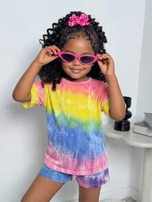 SHEIN Young Girl Casual Tie-Dye Print Dropped Shoulder T-Shirt And Shorts Set Summer Outfits - Multicolor - View 5
