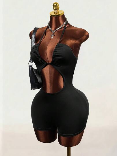 Mistrie Bộ jumpsuit nữ gợi cảm màu trơn khoét eo, thích hợp cho mùa hè.