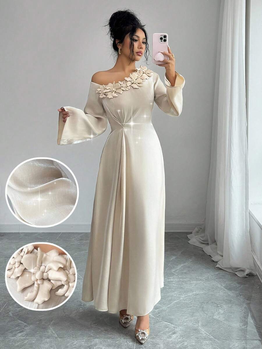 女士纯色不对称领口贴花优雅长袖阿拉伯连衣裙