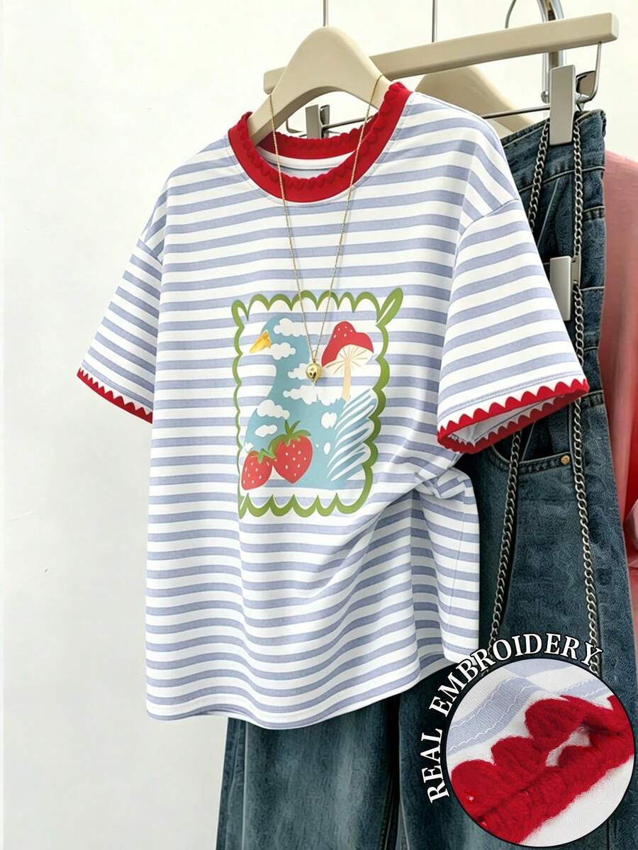 Resyla Camiseta de mujer con estampado de rayas y dibujos animados / Uso diario casual / Verano - Multicolor - Ver 1