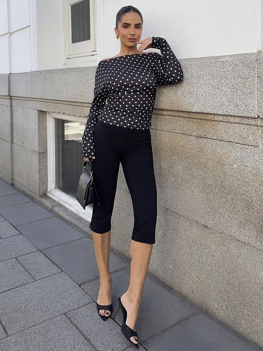 Marta Soriano Áo thun nữ tay dài in họa tiết chấm bi trễ vai cánh dơi thời trang, mùa thu đông dành cho nữ, Halloween, năm mới, lễ tạ ơn dành cho nữ, tiệc tùng, bãi biển, tay dài chấm bi, áo thường ngày - màu đen - Xem 1